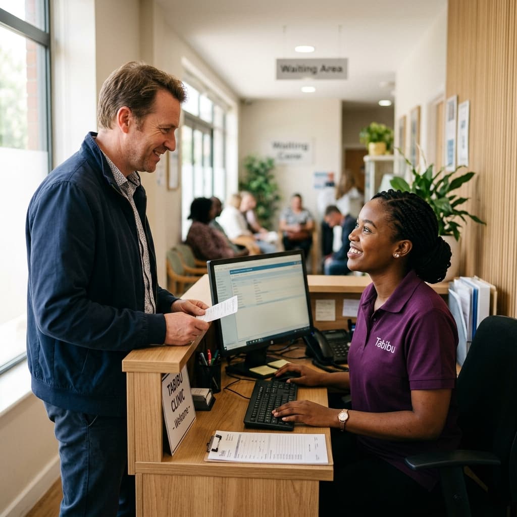 A receptionist greeting a patient at a clinic desk