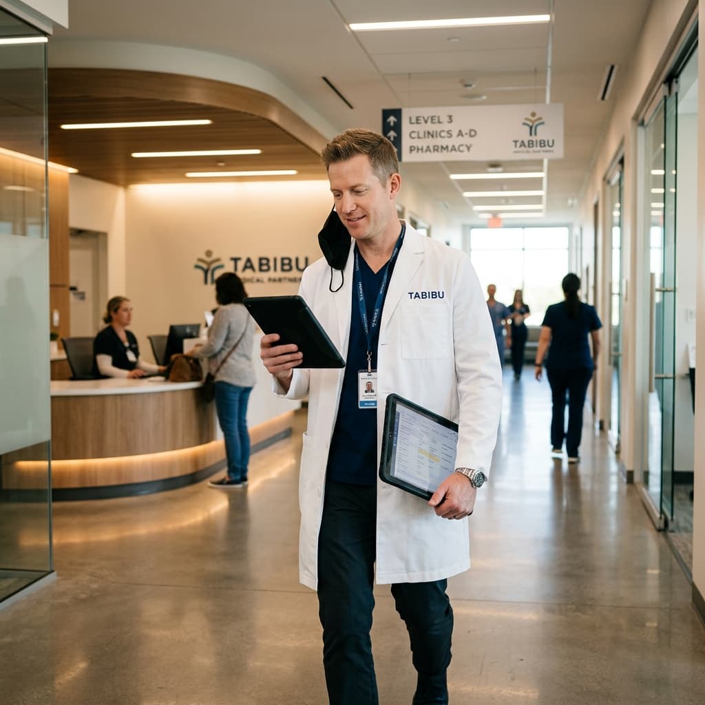 A clinician walking a hospital corridor with a tablet