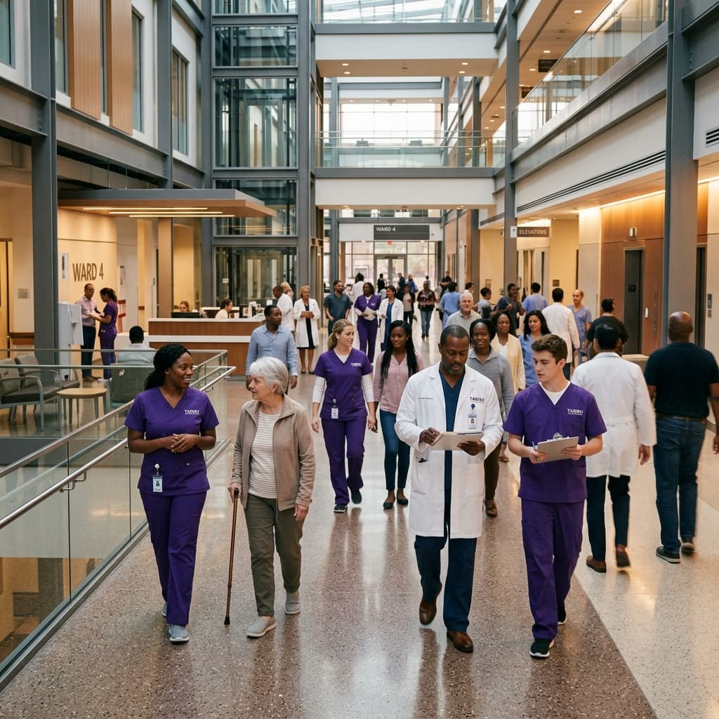 Staff and patients moving through a hospital concourse