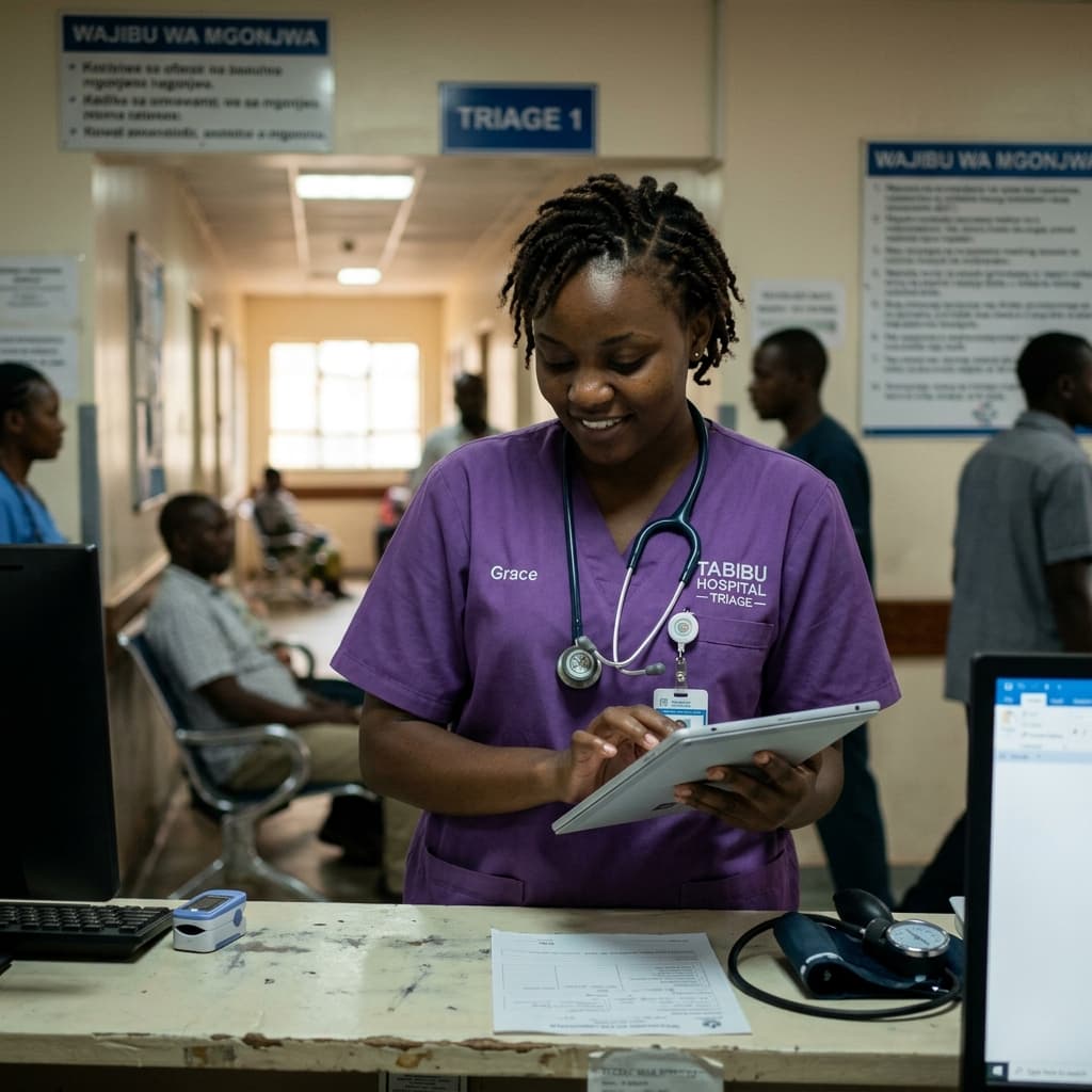 A nurse using Tabibu on a tablet at a triage station