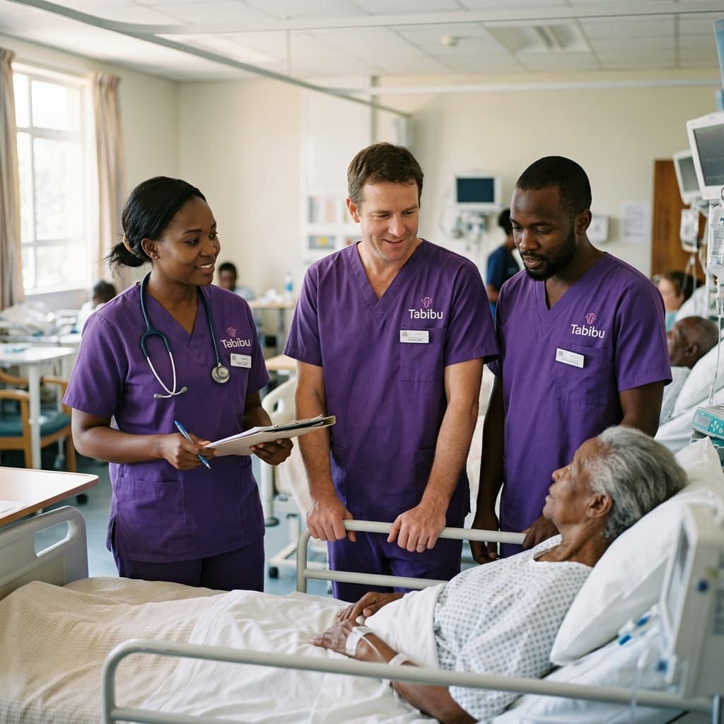 Clinical staff on a ward round at a bedside