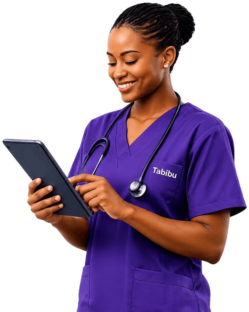 A Tabibu clinician reviewing patient records on a tablet